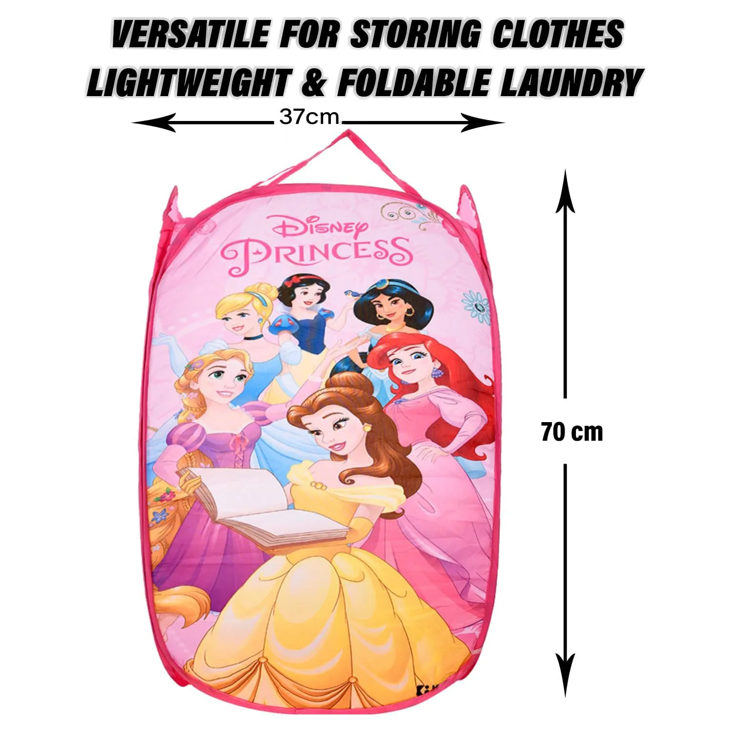 Kuber Industries Laundry Basket | Disney Princess Net Foldable Laundry | Nylon Storage Basket with Handle | Basket for Toy Storage | 30 LTR | Pack of 3 | Pink