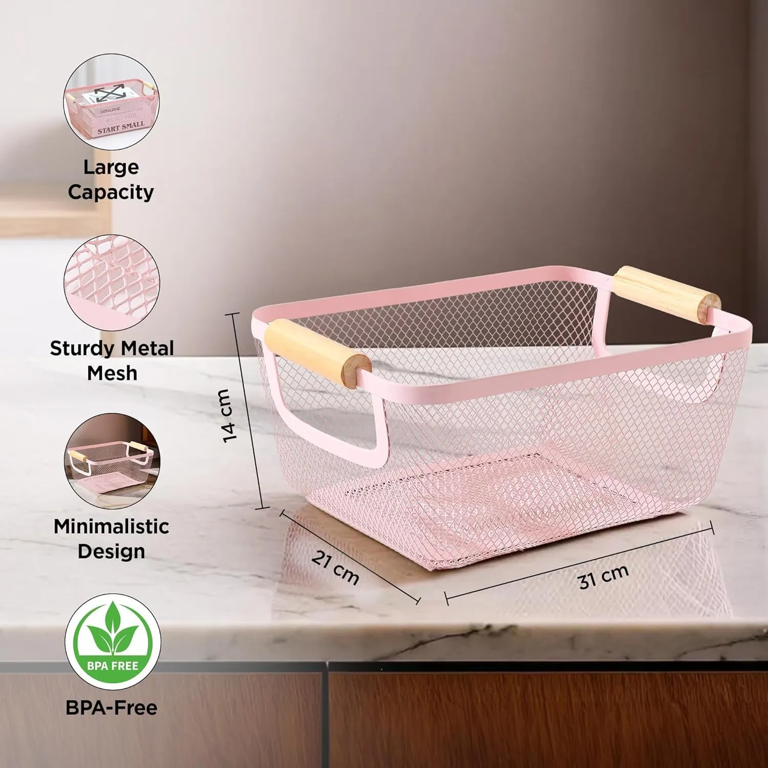 Kuber Industries Metal Mesh Basket for storage with wooden handle | 360 gm | Fruit basket for kitchen | Kitchen Organizer | Baskets for organizing home & kitchen | Multipurpose | Pink