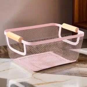 Kuber Industries Metal Mesh Basket for storage with wooden handle | 360 gm | Fruit basket for kitchen | Kitchen Organizer | Baskets for organizing home & kitchen | Multipurpose | Pink