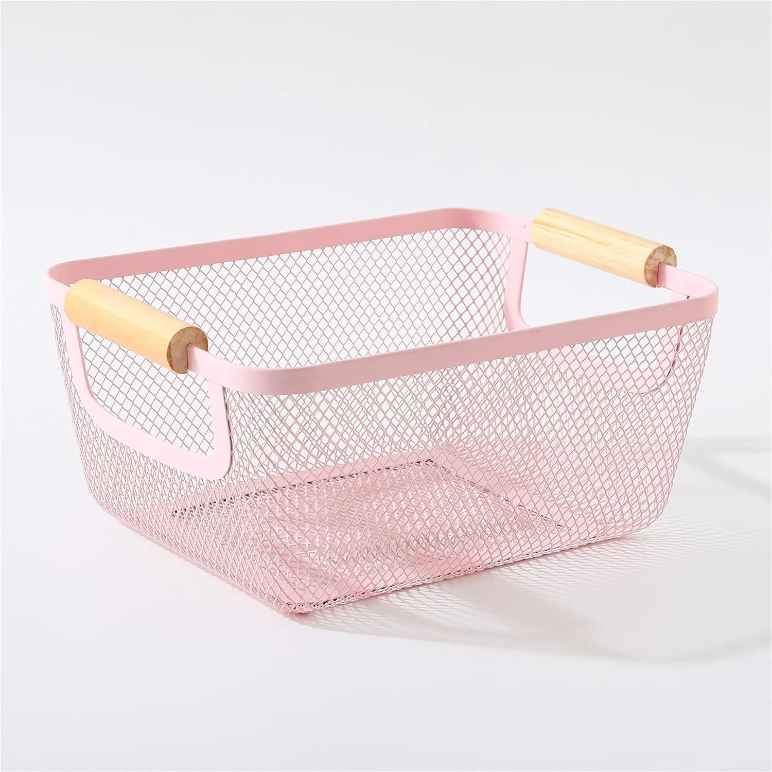 Kuber Industries Metal Mesh Basket for storage with wooden handle | 360 gm | Fruit basket for kitchen | Kitchen Organizer | Baskets for organizing home & kitchen | Multipurpose | Pink