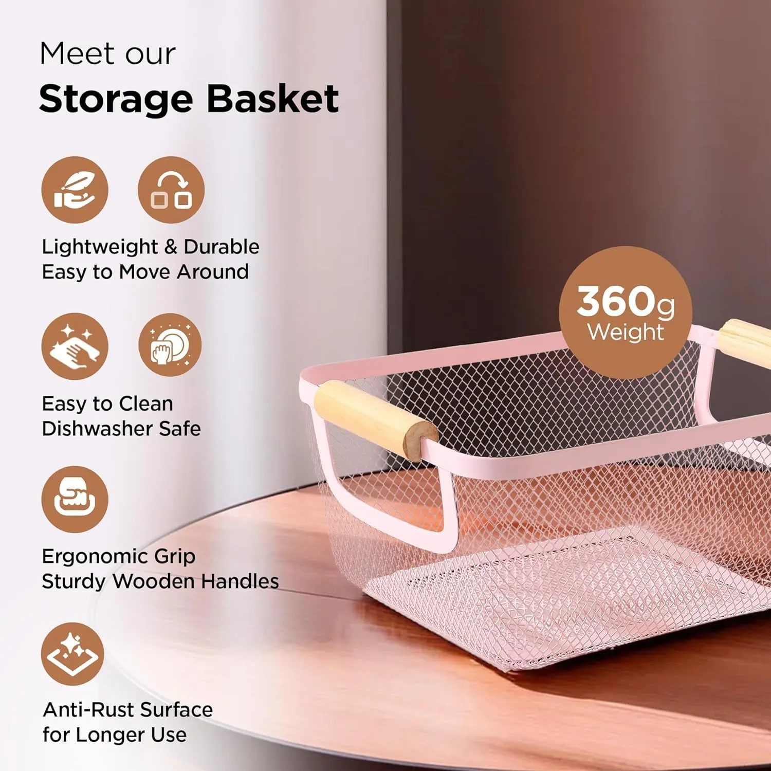 Kuber Industries Metal Mesh Basket for storage with wooden handle | 360 gm | Fruit basket for kitchen | Kitchen Organizer | Baskets for organizing home & kitchen | Multipurpose | Pink