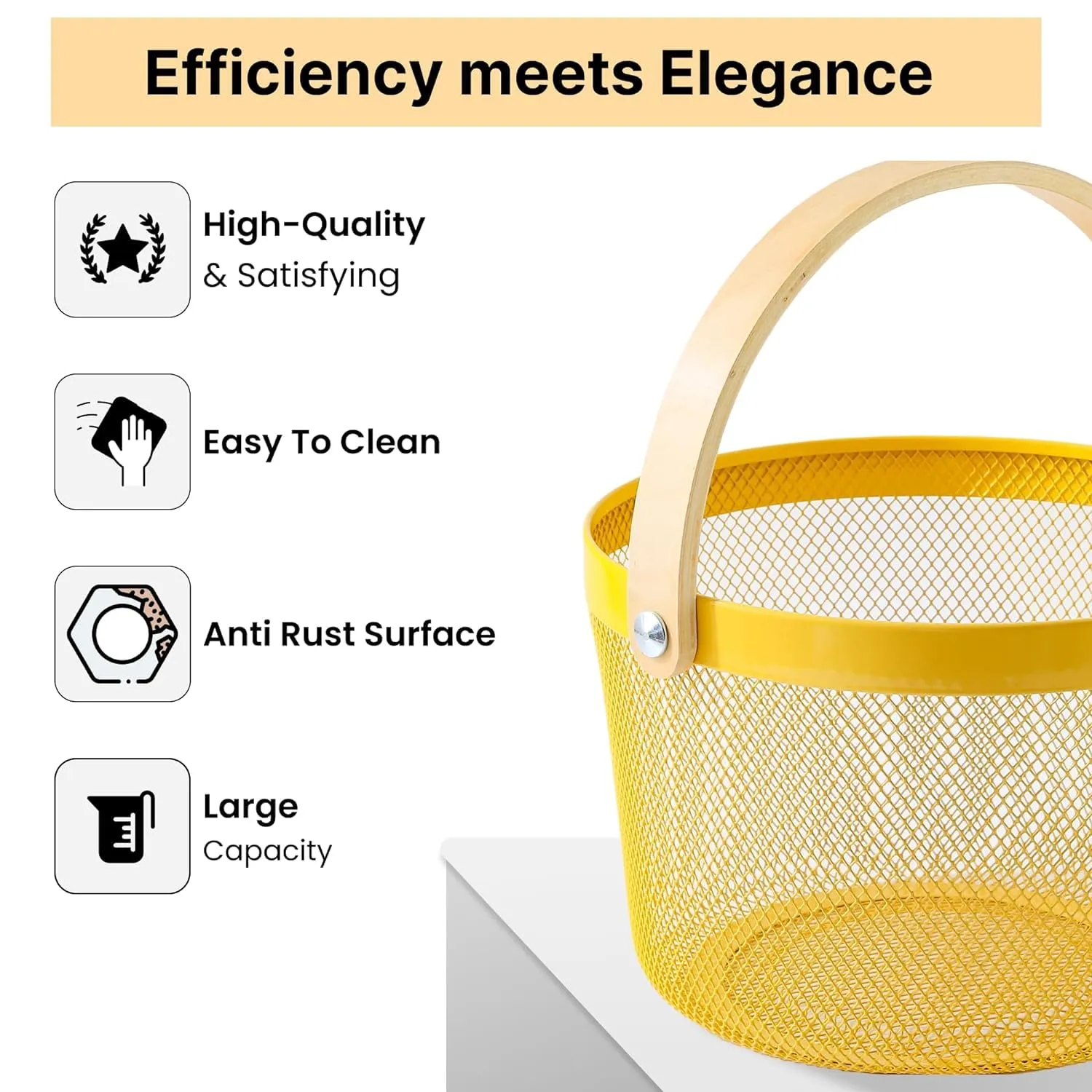 Kuber Industries Metal Mesh Basket for Storage with wooden handle | 400 Gm | Fruit Basket for Kitchen | Kitchen Organizer | Baskets for Organizing home & Kitchen | Yellow | Multipurpose