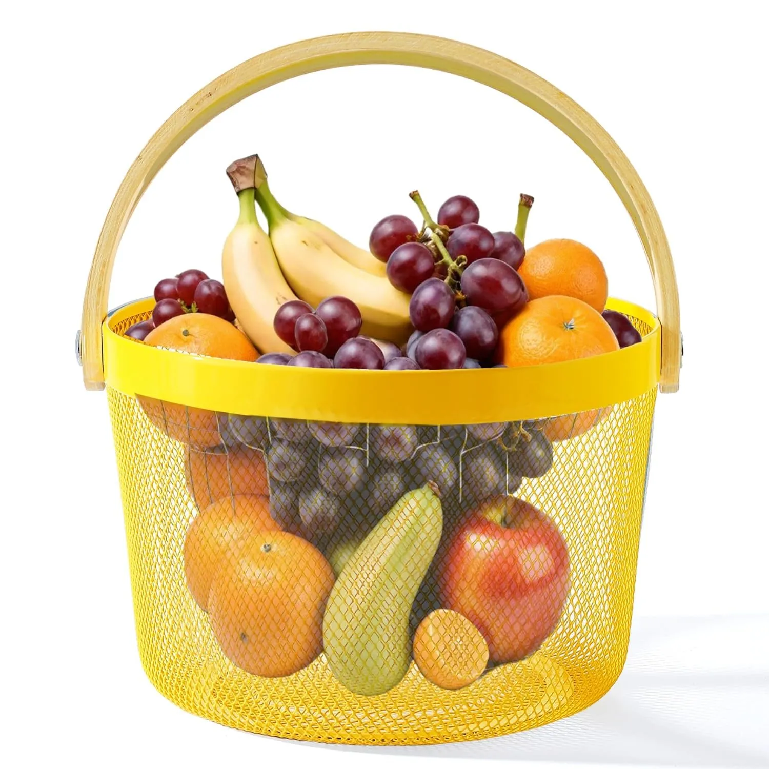 Kuber Industries Metal Mesh Basket for Storage with wooden handle | 400 Gm | Fruit Basket for Kitchen | Kitchen Organizer | Baskets for Organizing home & Kitchen | Yellow | Multipurpose