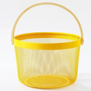 Kuber Industries Metal Mesh Basket for Storage with wooden handle | 400 Gm | Fruit Basket for Kitchen | Kitchen Organizer | Baskets for Organizing home & Kitchen | Yellow | Multipurpose