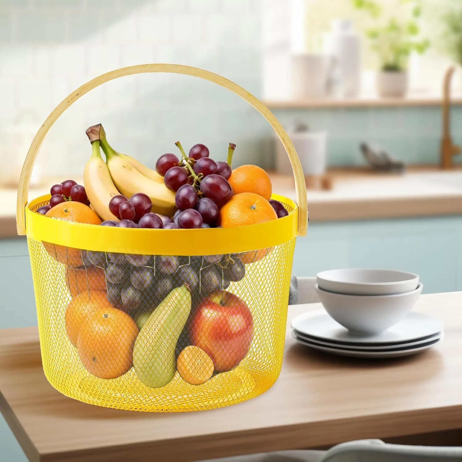 Kuber Industries Metal Mesh Basket for Storage with wooden handle | 400 Gm | Fruit Basket for Kitchen | Kitchen Organizer | Baskets for Organizing home & Kitchen | Yellow | Multipurpose