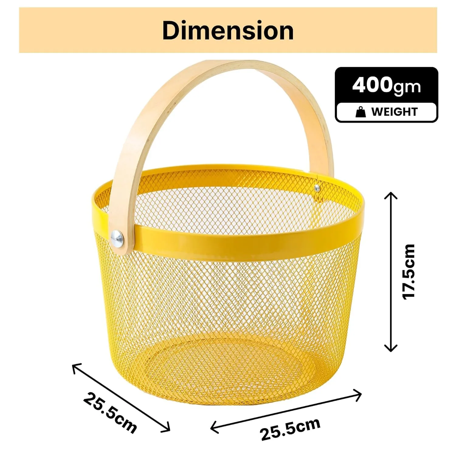 Kuber Industries Metal Mesh Basket for Storage with wooden handle | 400 Gm | Fruit Basket for Kitchen | Kitchen Organizer | Baskets for Organizing home & Kitchen | Yellow | Multipurpose