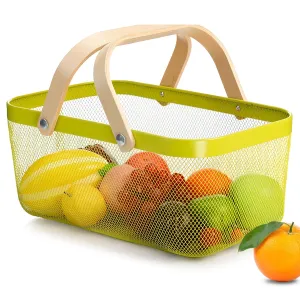 Kuber Industries Rectangular Metal Mesh Basket for Storage with wooden handle | 720 Gm | Fruit Basket for Kitchen | Kitchen Organizer | Baskets for Organizing Home | Multipurpose | Green |