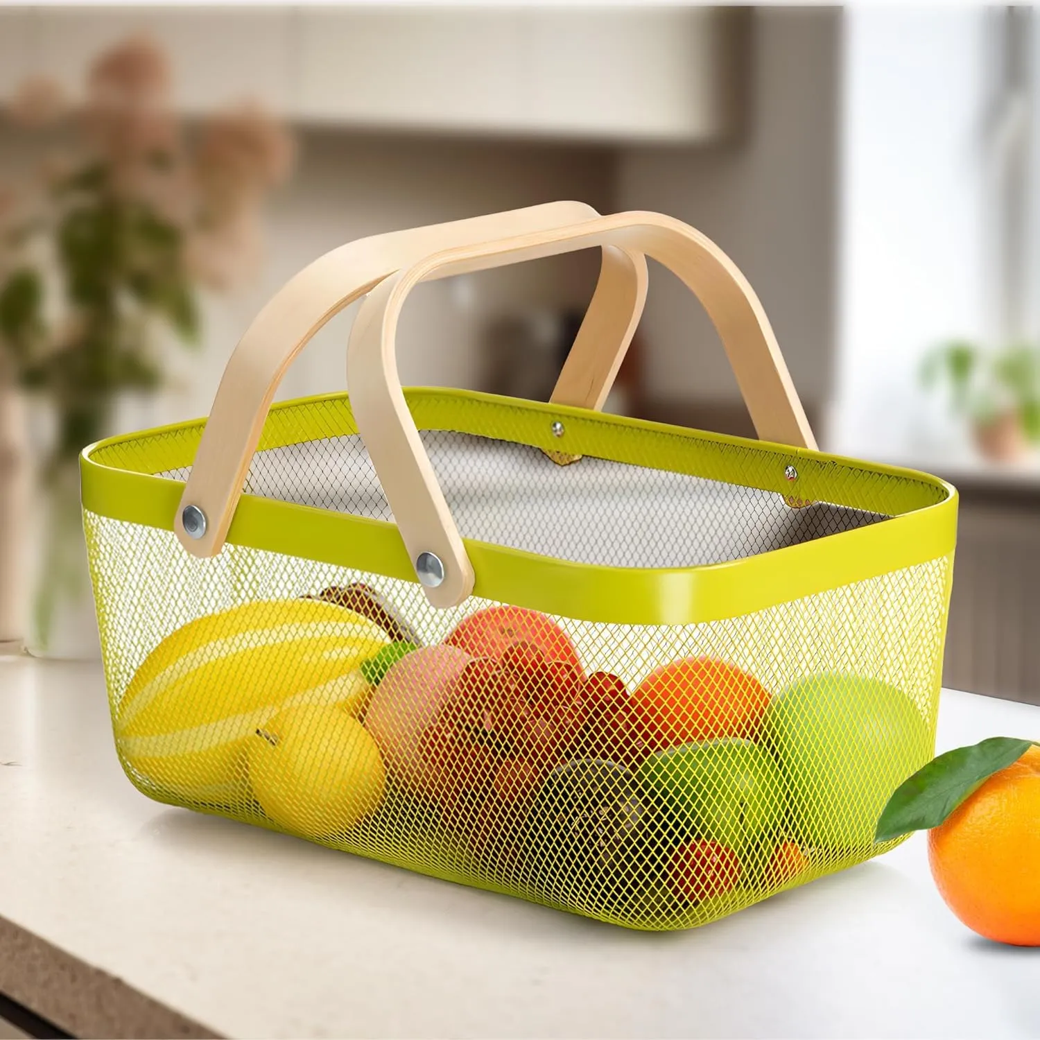 Kuber Industries Rectangular Metal Mesh Basket for Storage with wooden handle | 720 Gm | Fruit Basket for Kitchen | Kitchen Organizer | Baskets for Organizing Home | Multipurpose | Green |