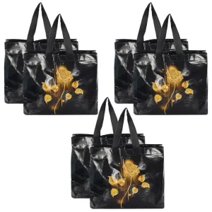 Kuber Industries Rose Printed Laminated Non Woven Party Favor Gift Bag, Tote Bag, Carry Bags with Handles- Pack of 6 (Black)-50KM01130