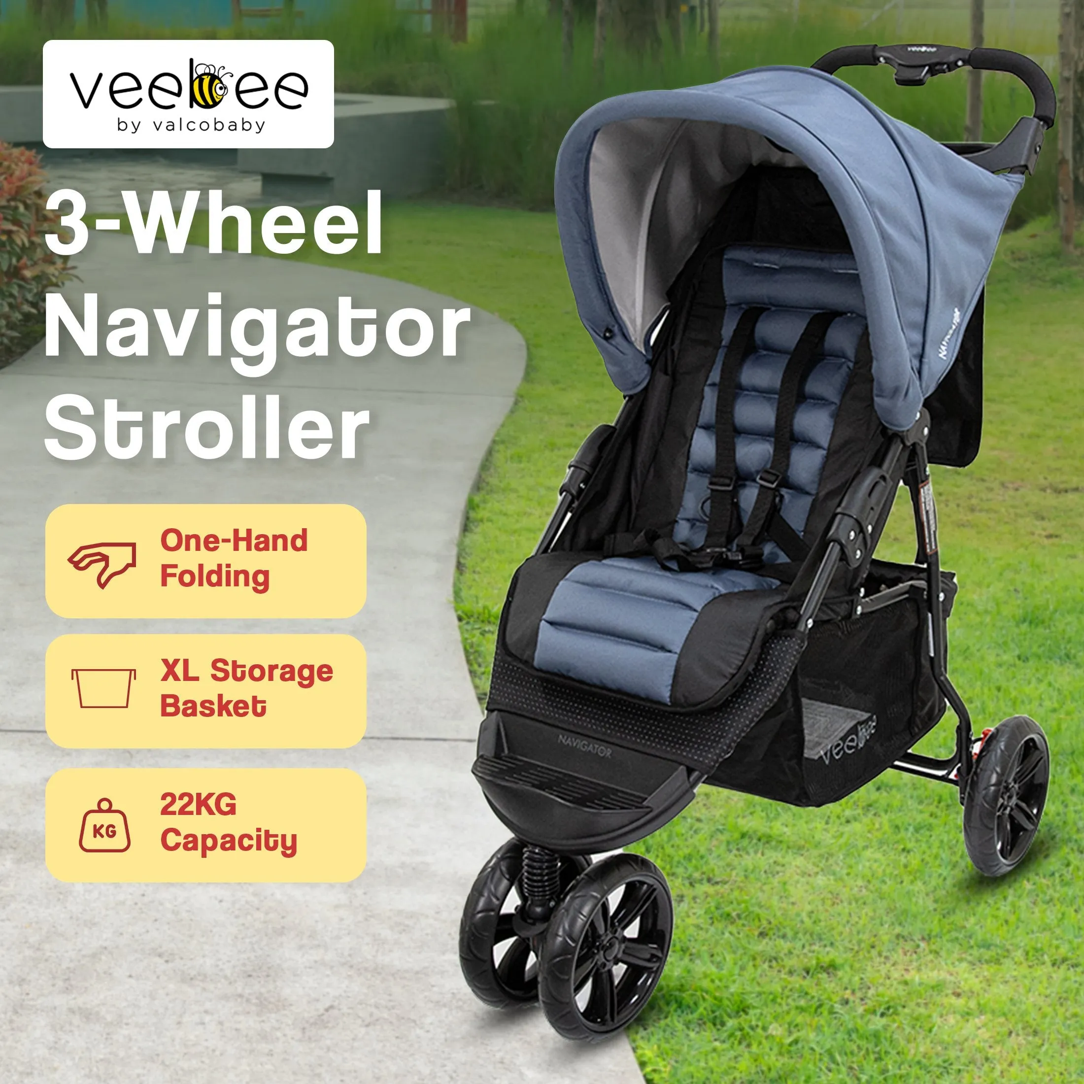 Lightweight 3-Wheel Stroller with UPF Canopy for Newborns and Toddlers - Veebee Navigator