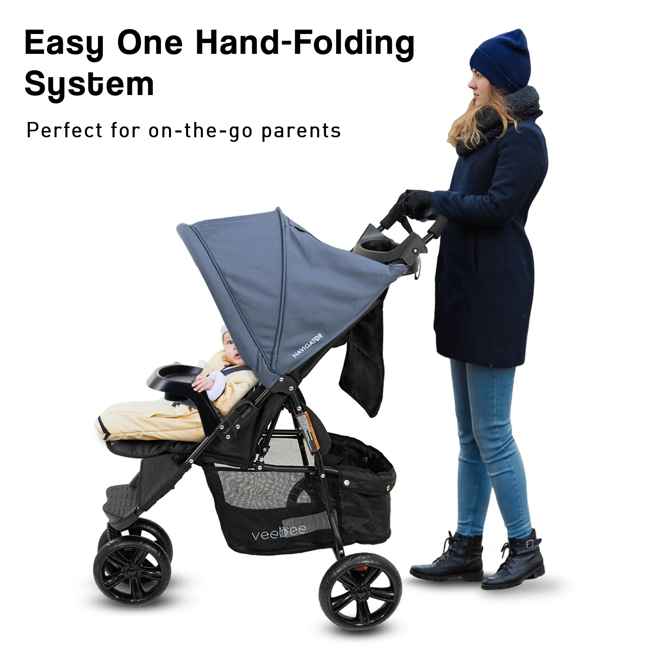 Lightweight 3-Wheel Stroller with UPF Canopy for Newborns and Toddlers - Veebee Navigator