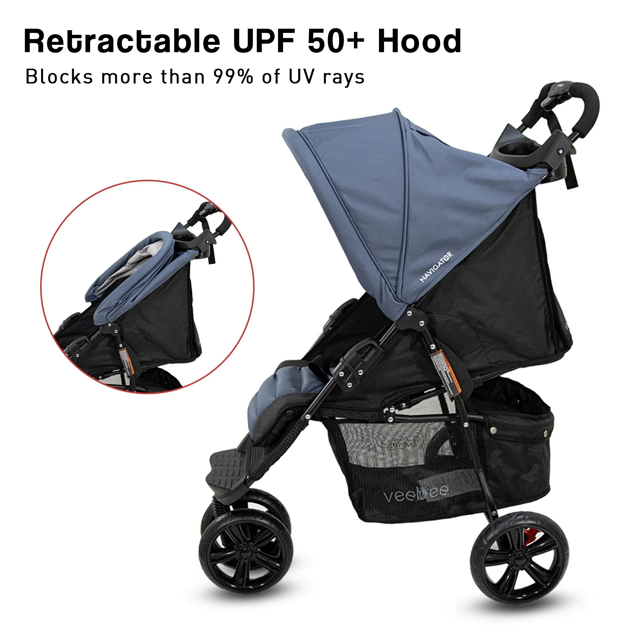 Lightweight 3-Wheel Stroller with UPF Canopy for Newborns and Toddlers - Veebee Navigator