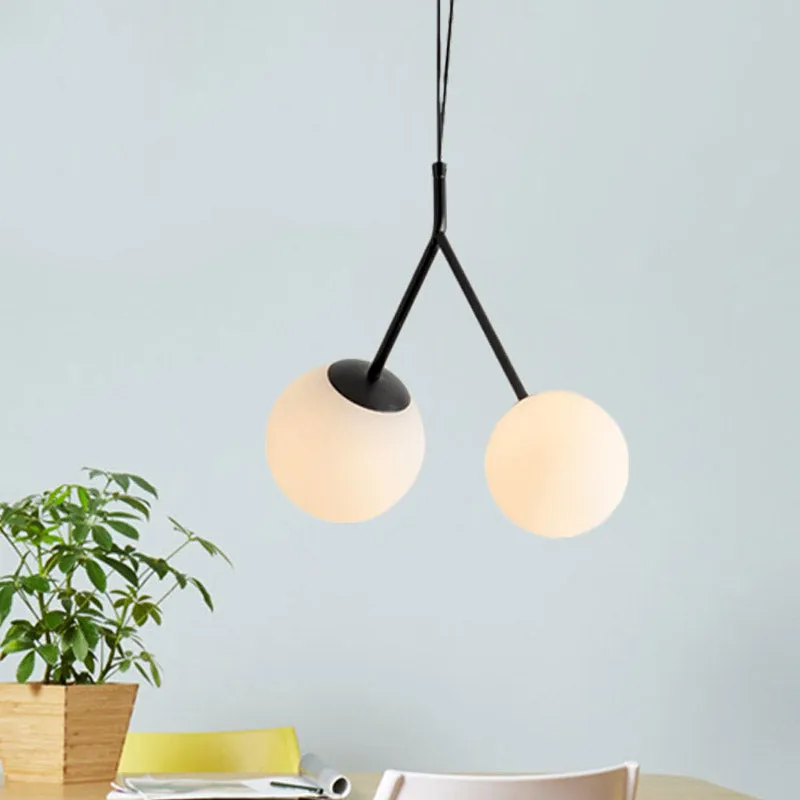 Minimalist White Glass Furcated Drop Lamp - Black Chandelier Pendant with 2 Lights