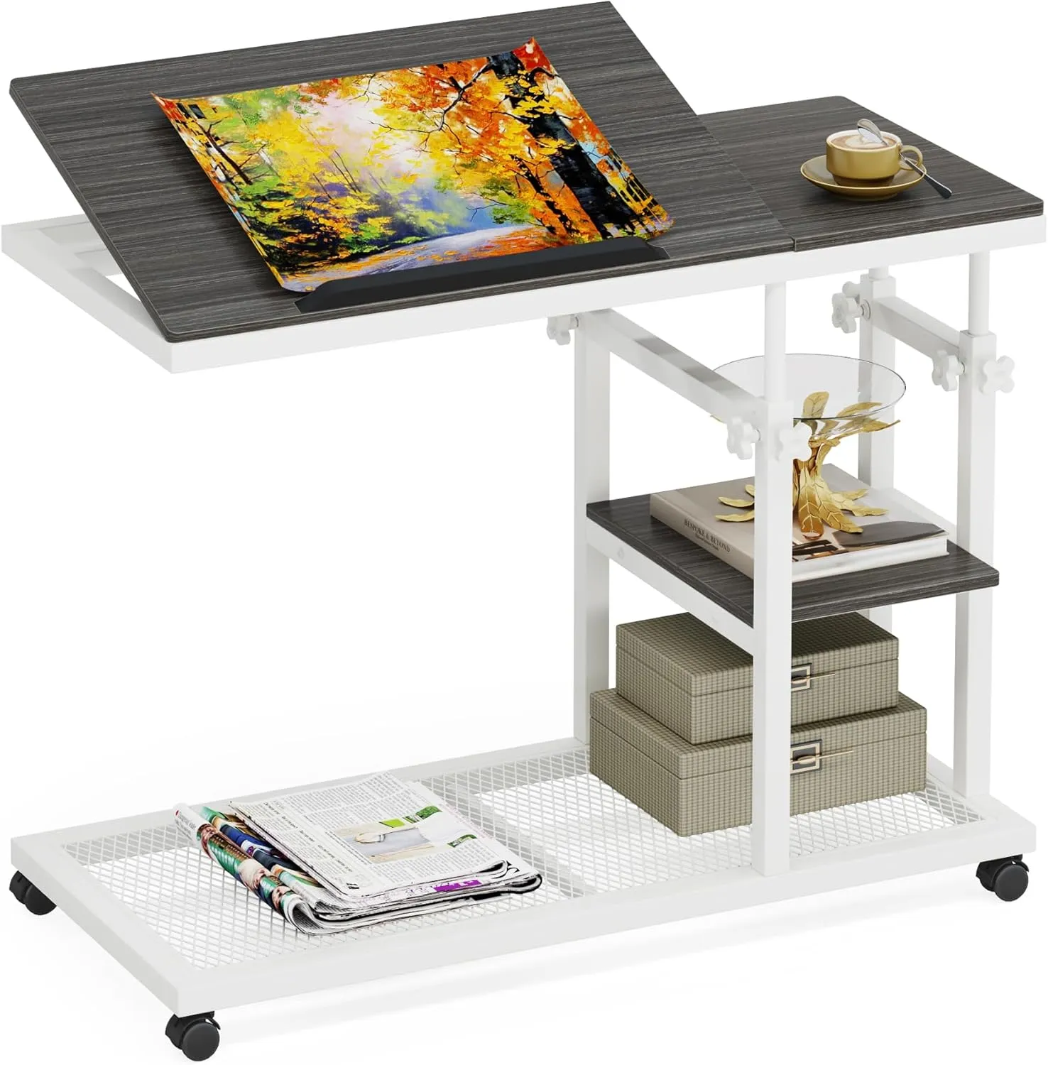 Mobile C Table, Height Adjustable Snack Tray Table with Wheels