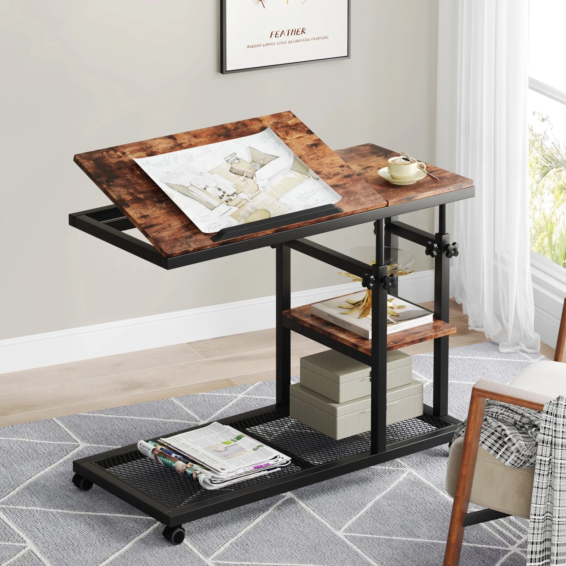 Mobile C Table, Height Adjustable Snack Tray Table with Wheels