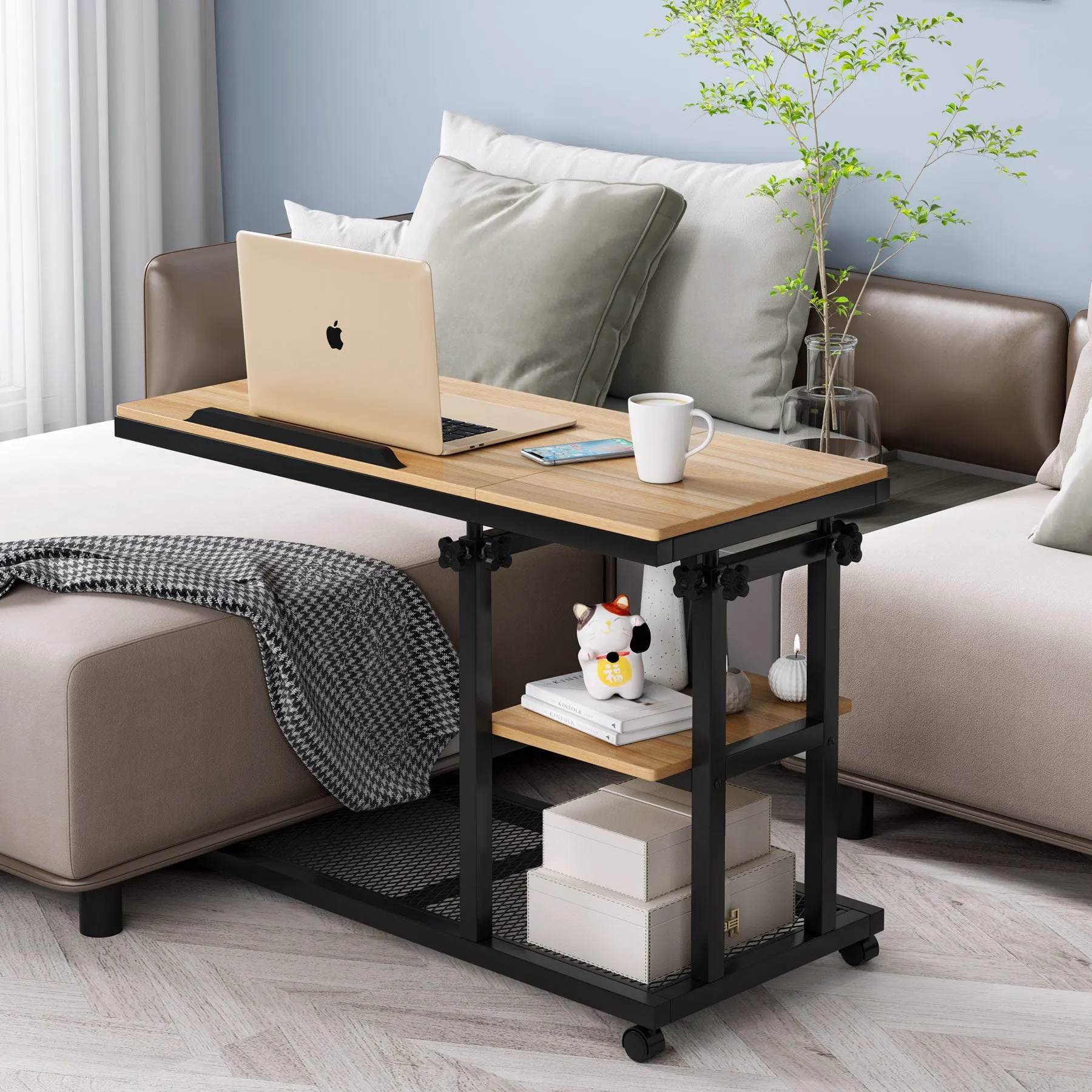 Mobile C Table, Height Adjustable Snack Tray Table with Wheels