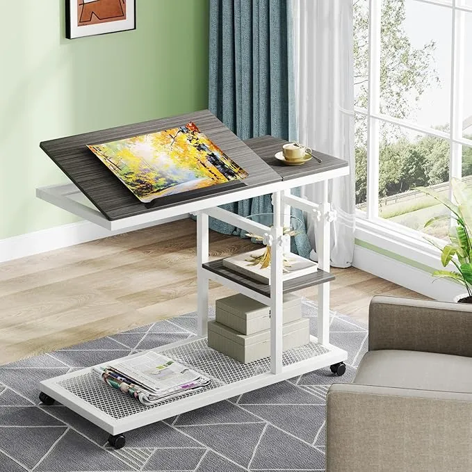 Mobile C Table, Height Adjustable Snack Tray Table with Wheels