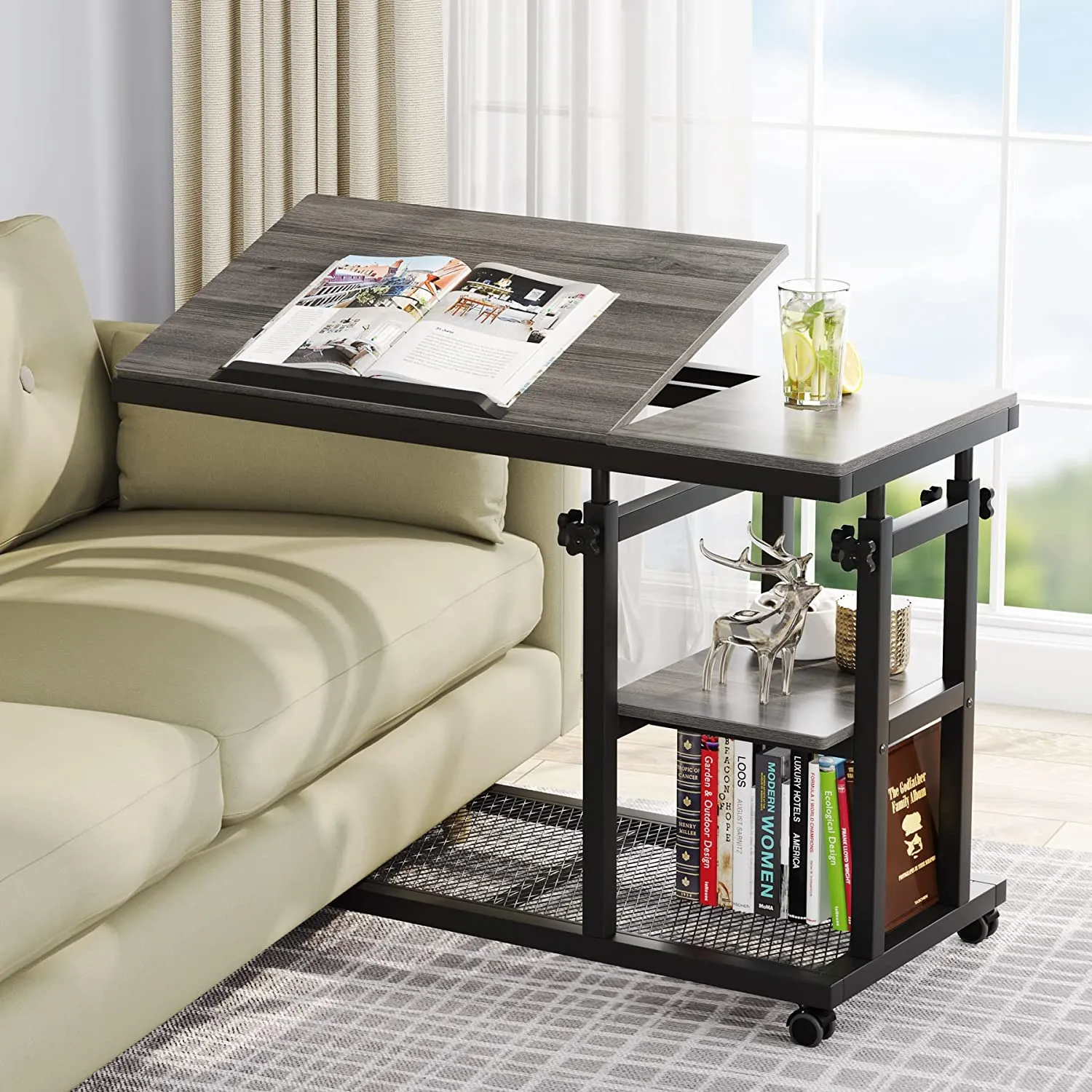 Mobile C Table, Height Adjustable Snack Tray Table with Wheels