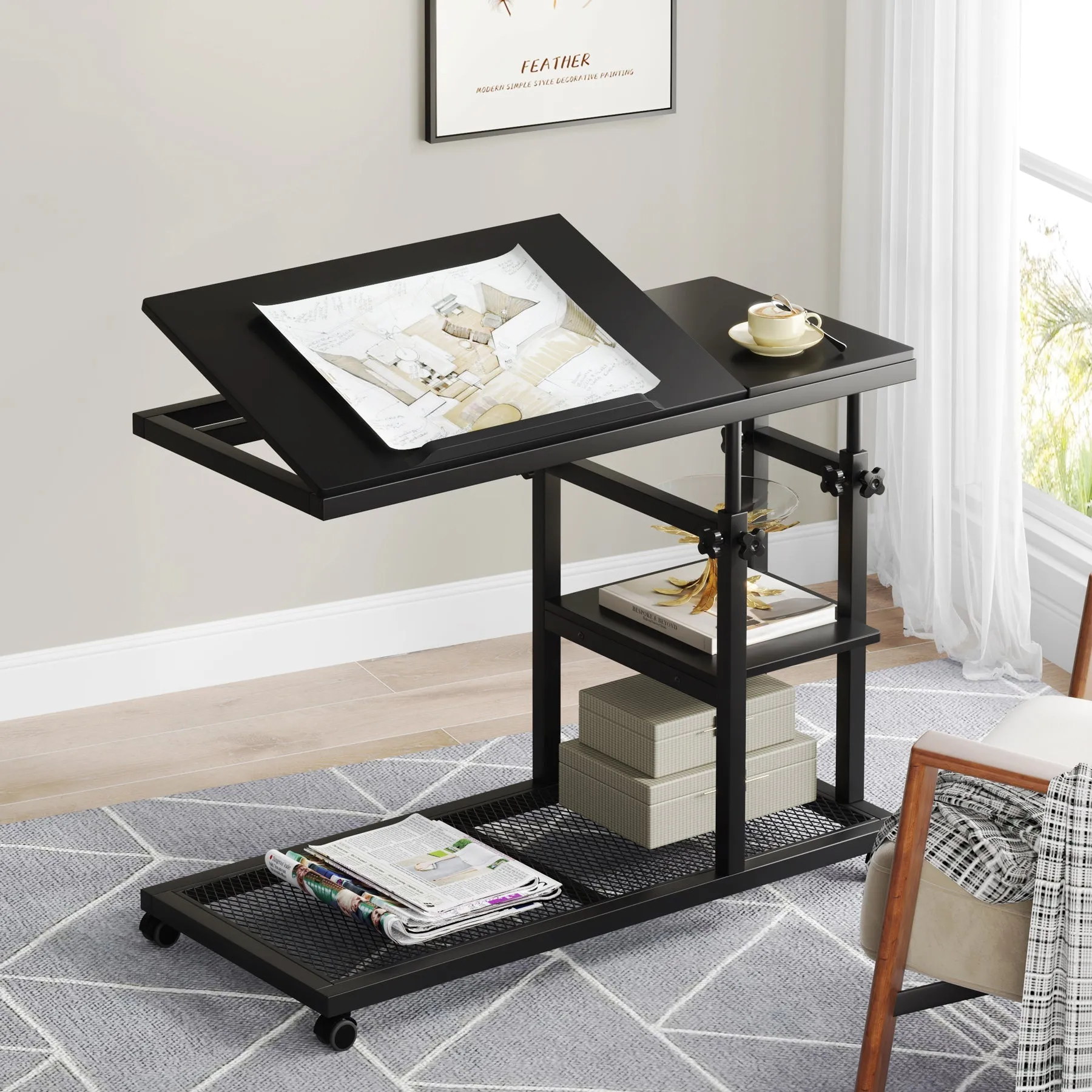 Mobile C Table, Height Adjustable Snack Tray Table with Wheels