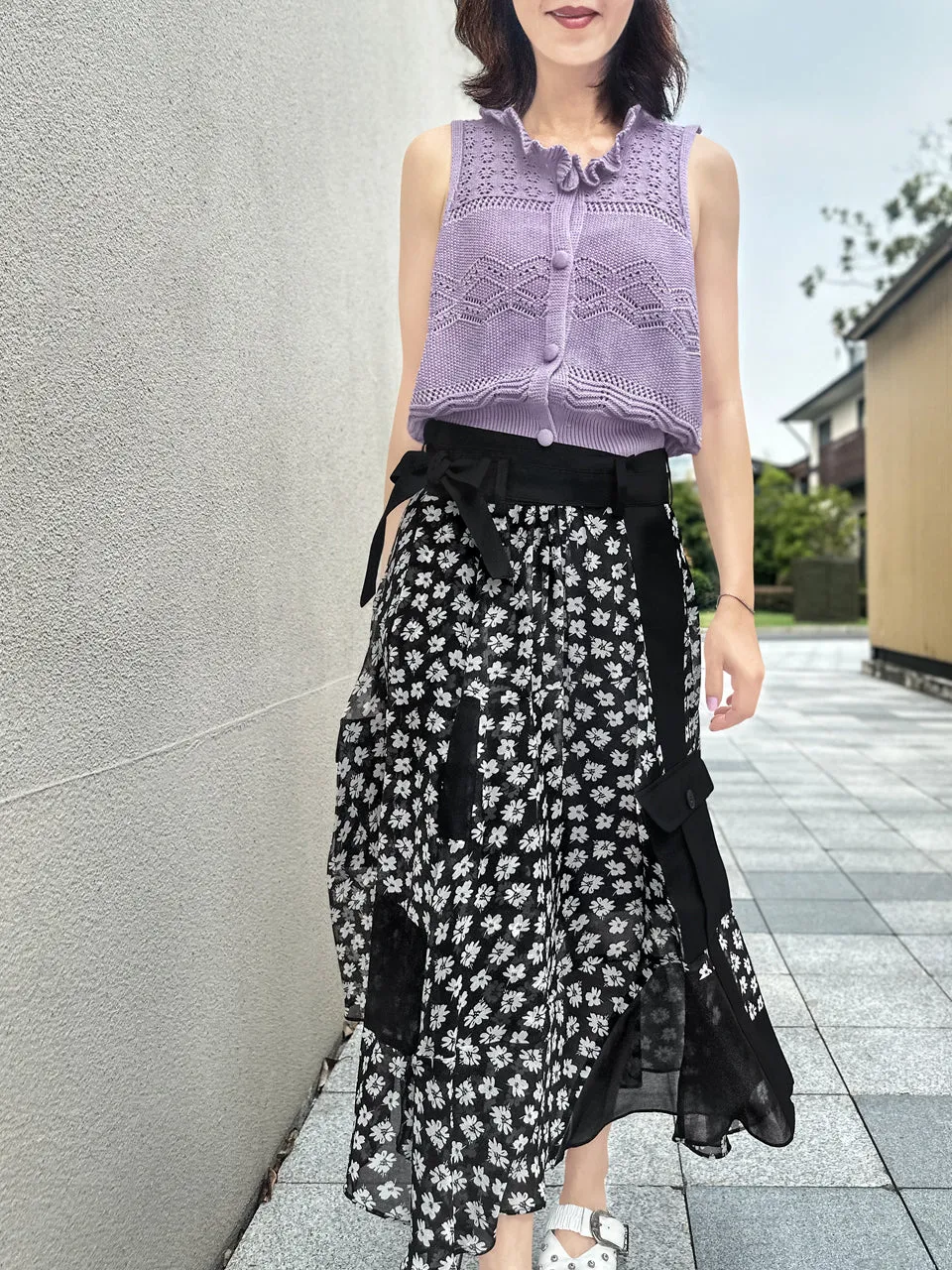 Mono Daisy Statement Pocket Chiffon Wrap Skirt