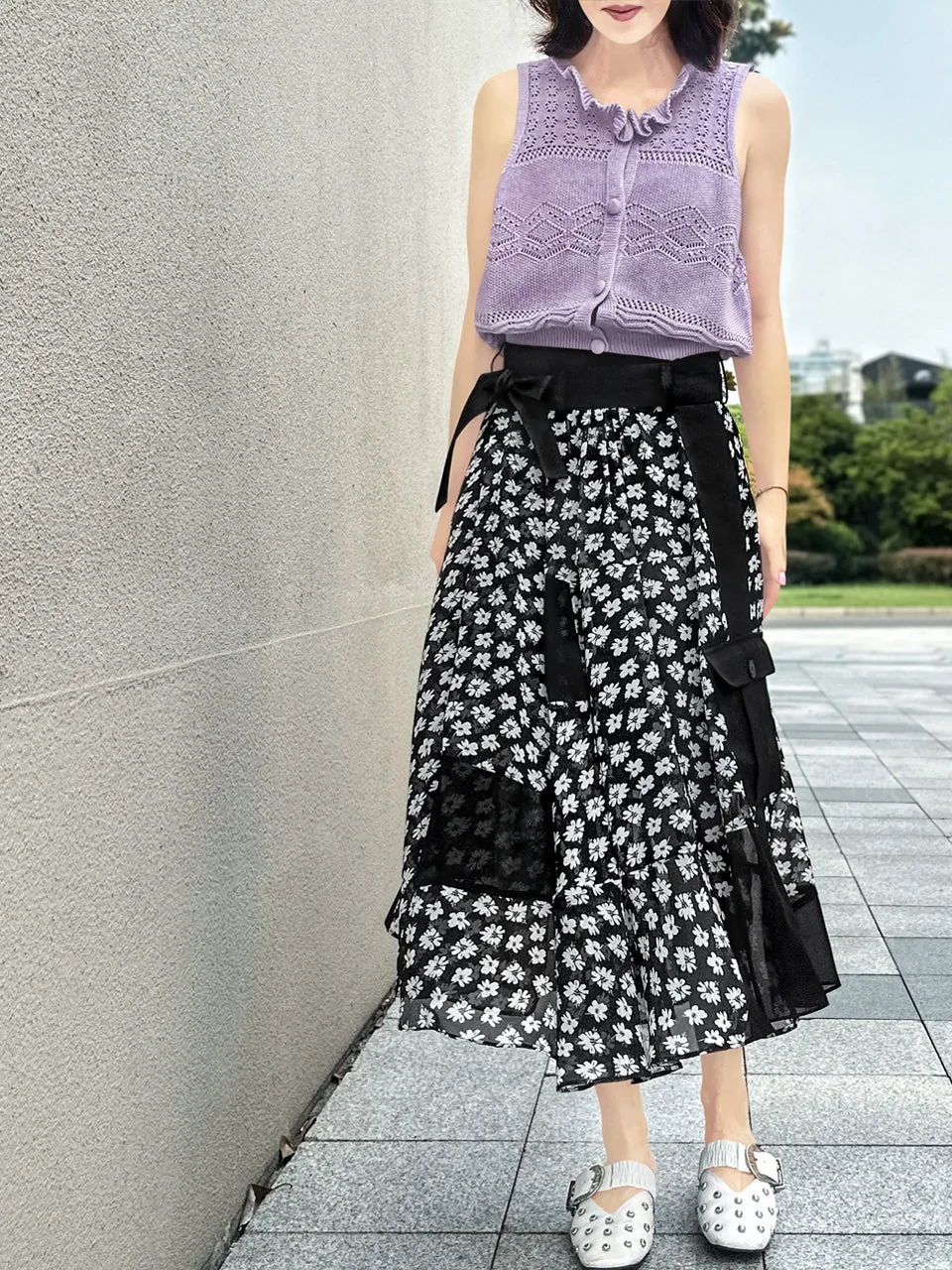 Mono Daisy Statement Pocket Chiffon Wrap Skirt