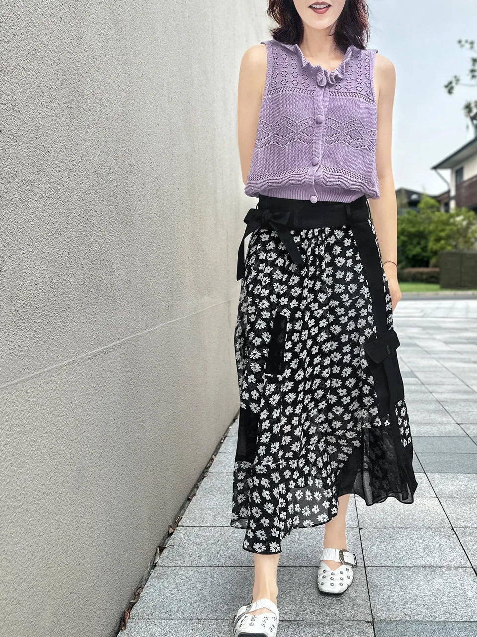 Mono Daisy Statement Pocket Chiffon Wrap Skirt