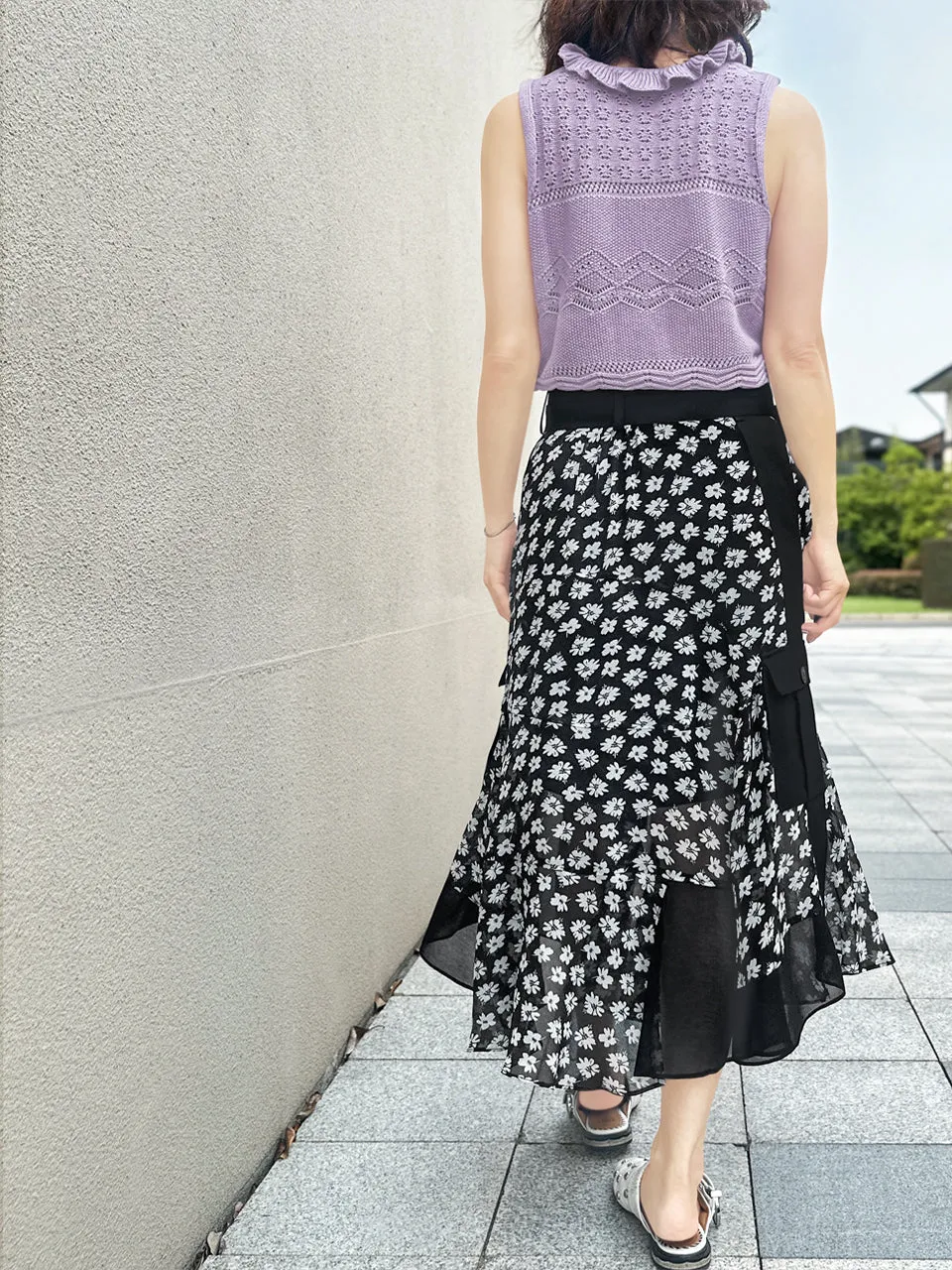 Mono Daisy Statement Pocket Chiffon Wrap Skirt