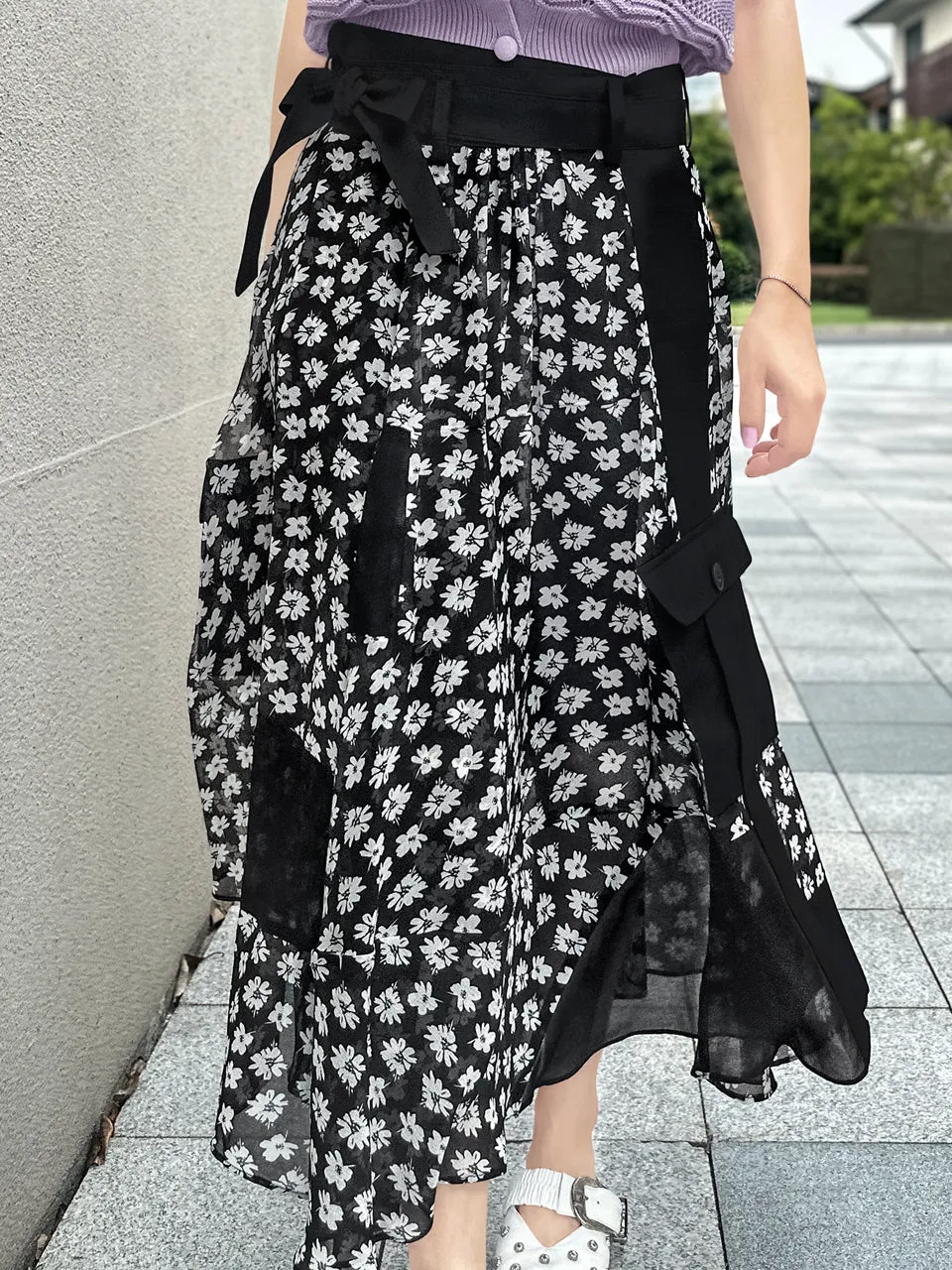 Mono Daisy Statement Pocket Chiffon Wrap Skirt