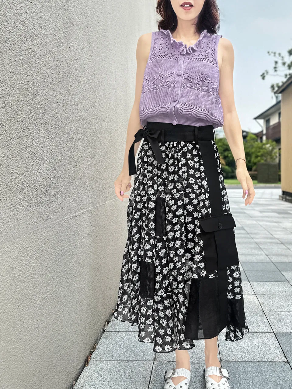 Mono Daisy Statement Pocket Chiffon Wrap Skirt