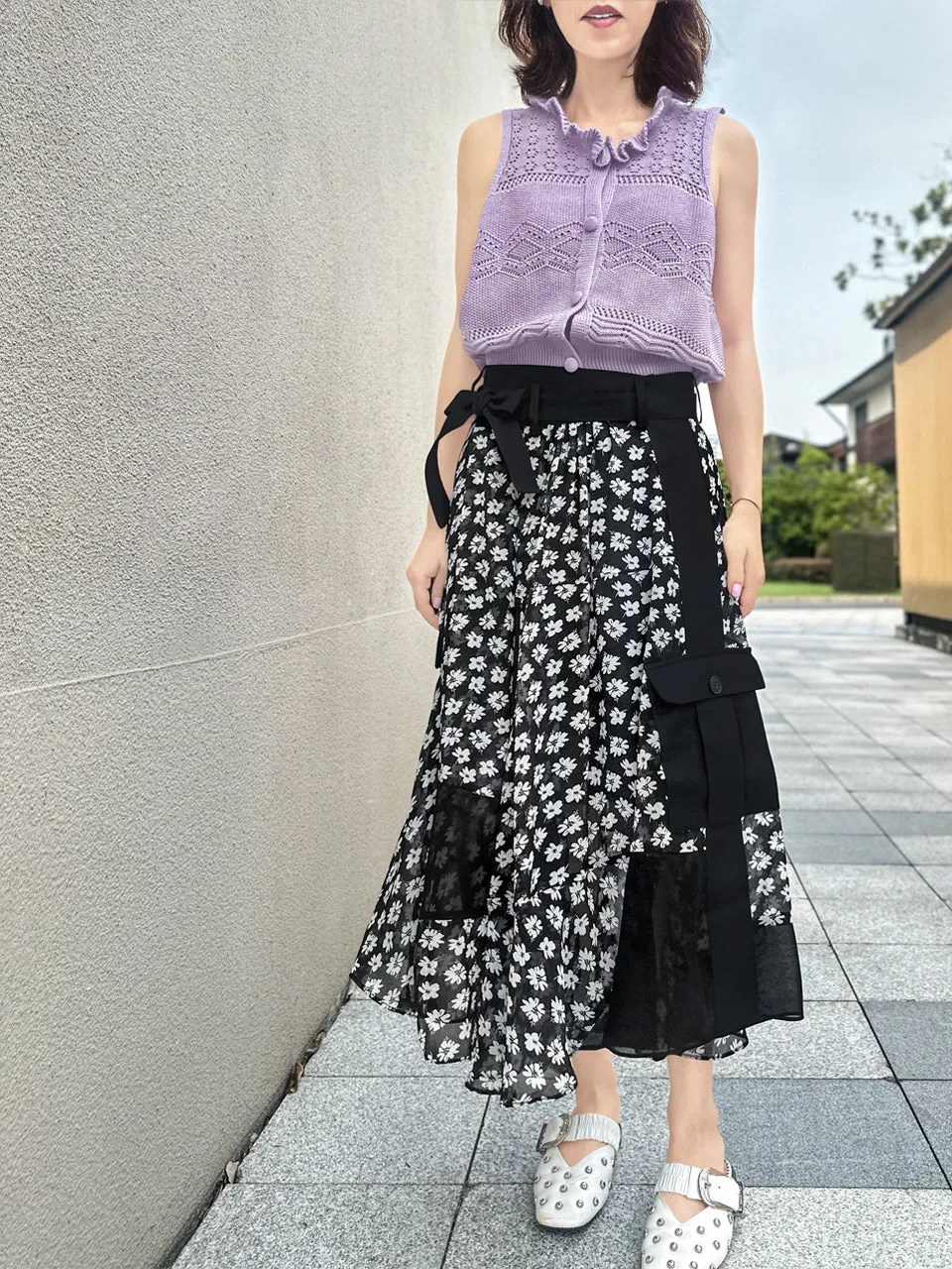 Mono Daisy Statement Pocket Chiffon Wrap Skirt