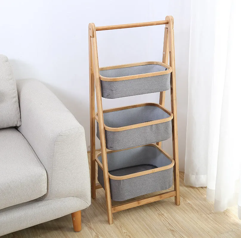 Natural Bamboo 3-Tier Laundry Basket Rack