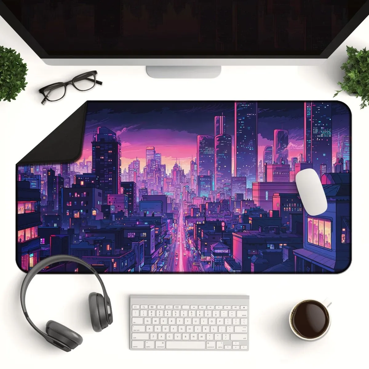 Neon City Desk Mat - Anime Gaming Mouse Pad & Vaporwave Aesthetic Decor