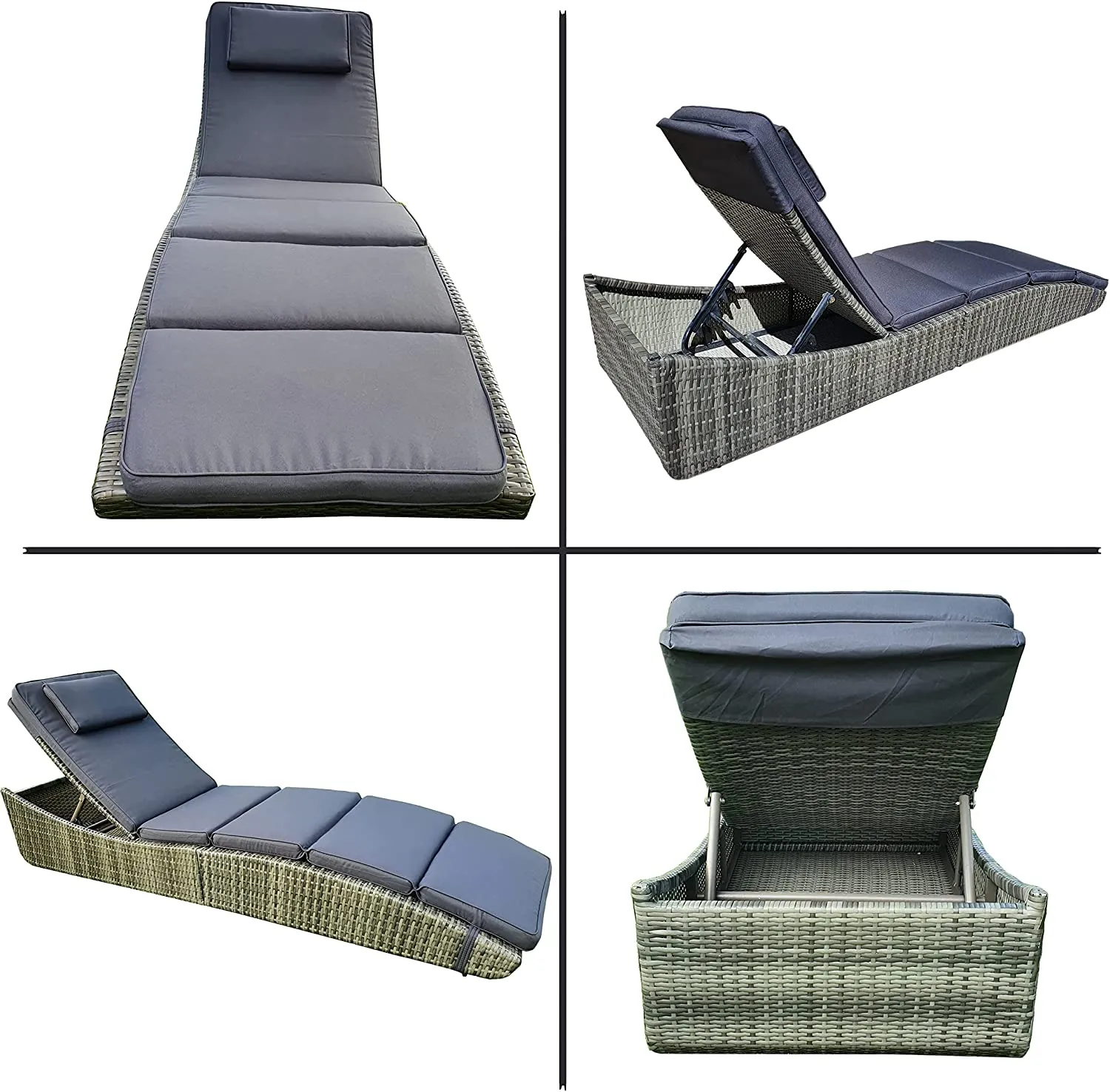 Outdoor Foldable Chaise Pool Lounge Chair Folding Wicker Rattan Sun Bed Patio Couch Reclining Lounger Adjustable Padded Backrest Pillow Grey