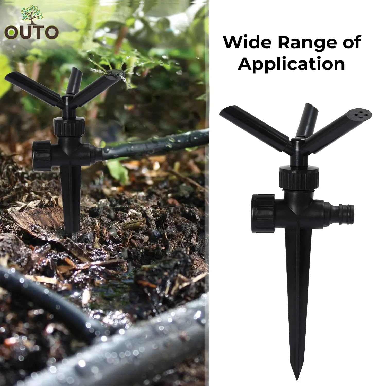 OUTO Automatic Garden Sprinkler 360 Degree Rotating Adjustable 3 Arm Water Sprayer for Watering Plants Outdoor Lawn Yard Park Irrigation System