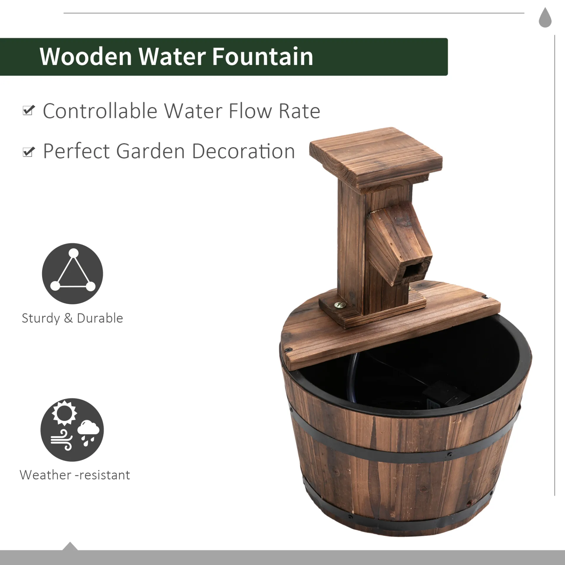 Outsunny Wood Barrel Patio Water Fountain with Electric Pump - Elegant Garden Decoration