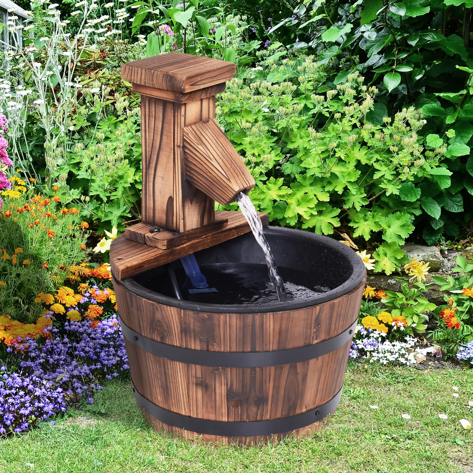 Outsunny Wood Barrel Patio Water Fountain with Electric Pump - Elegant Garden Decoration