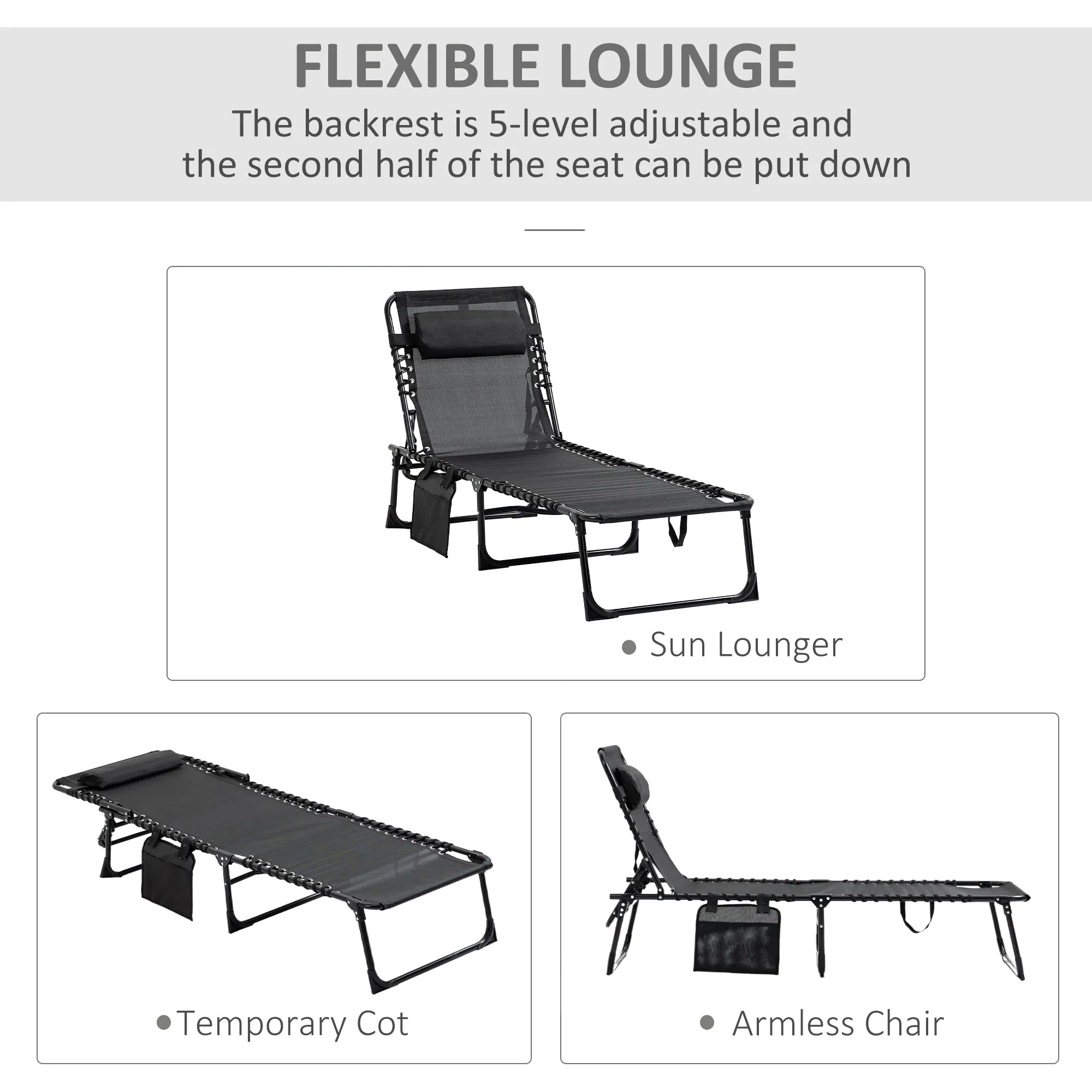 Portable Sun Lounger, Folding Camping Bed Cot, Reclining Lounge Chair 5-position Adjustable Backrest w/Side Pocket for Patio Garden Black