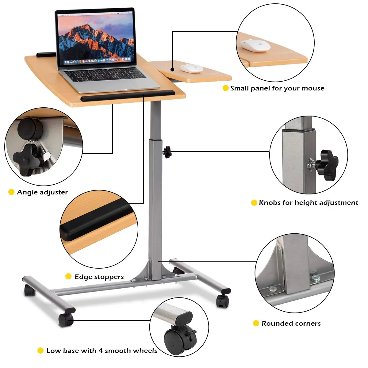 Tangkula Laptop Desk Overbed Table, Mobile Desk Cart, Angle & Height Adjustable Laptop Stand Cart