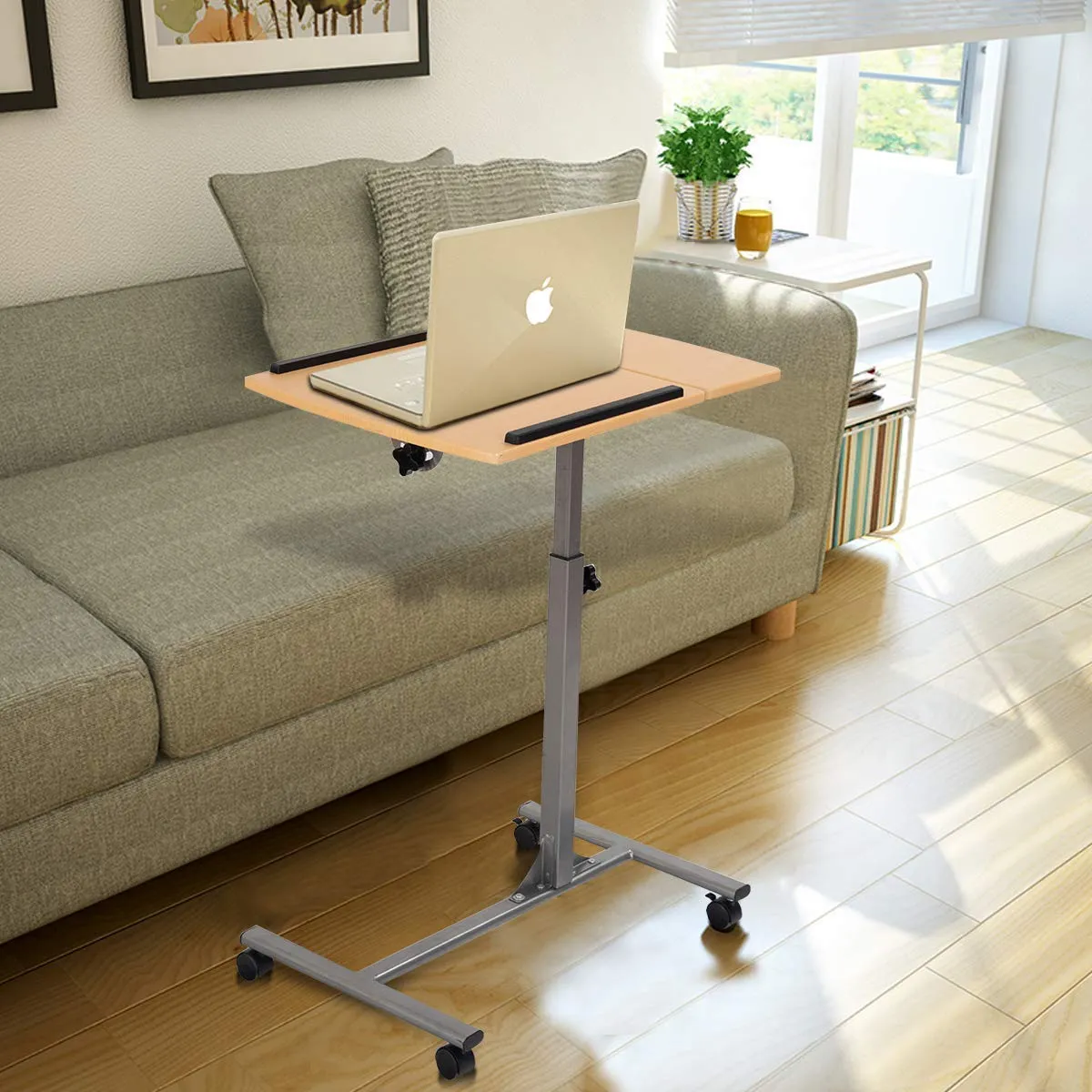 Tangkula Laptop Desk Overbed Table, Mobile Desk Cart, Angle & Height Adjustable Laptop Stand Cart