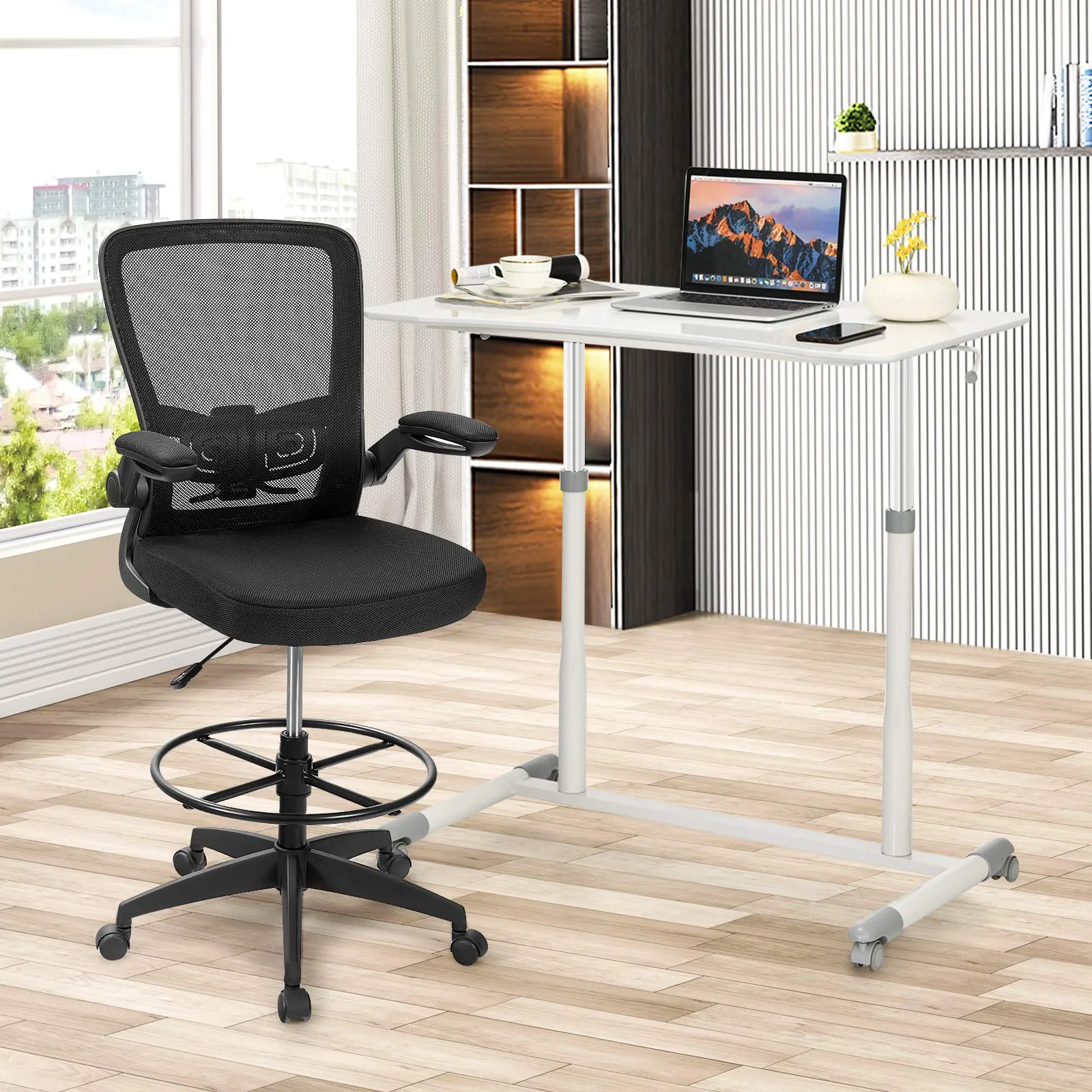 Tangkula Mobile Computer Desk with Steel Frame, Small Height Adjustable Rolling Compact Stand Up Desk on Wheels