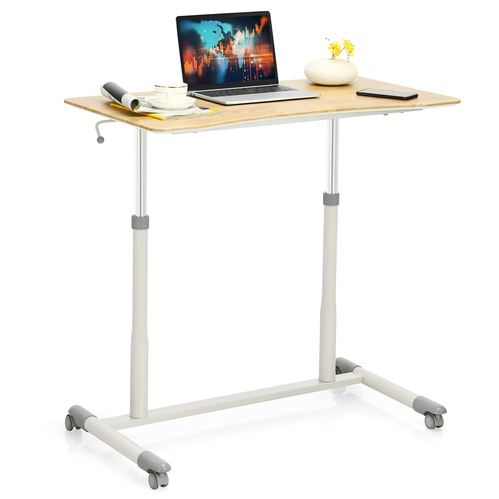 Tangkula Mobile Computer Desk with Steel Frame, Small Height Adjustable Rolling Compact Stand Up Desk on Wheels