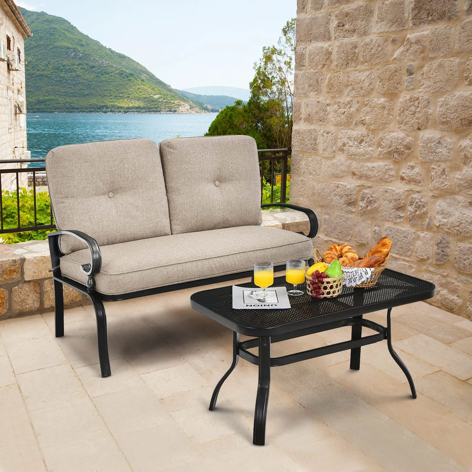 Tangkula Patio Loveseat with Table Set, 2 Seat Cushioned Sofa with Coffee Table