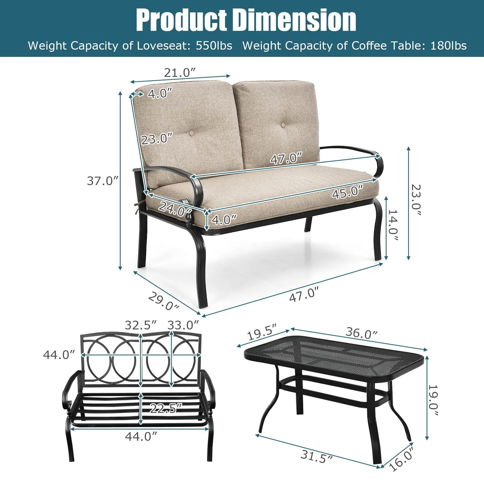 Tangkula Patio Loveseat with Table Set, 2 Seat Cushioned Sofa with Coffee Table