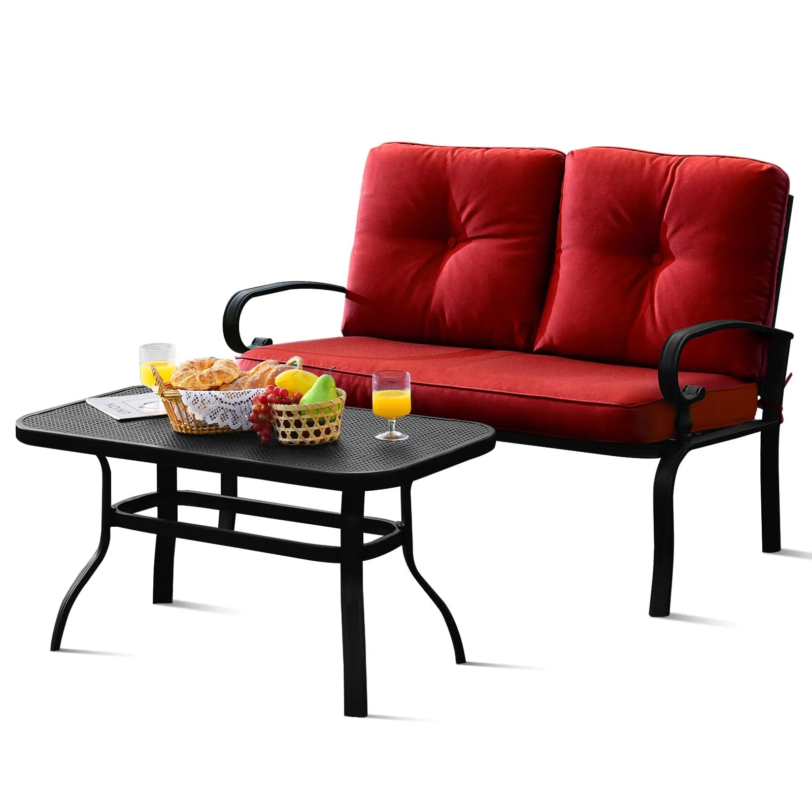 Tangkula Patio Loveseat with Table Set, 2 Seat Cushioned Sofa with Coffee Table