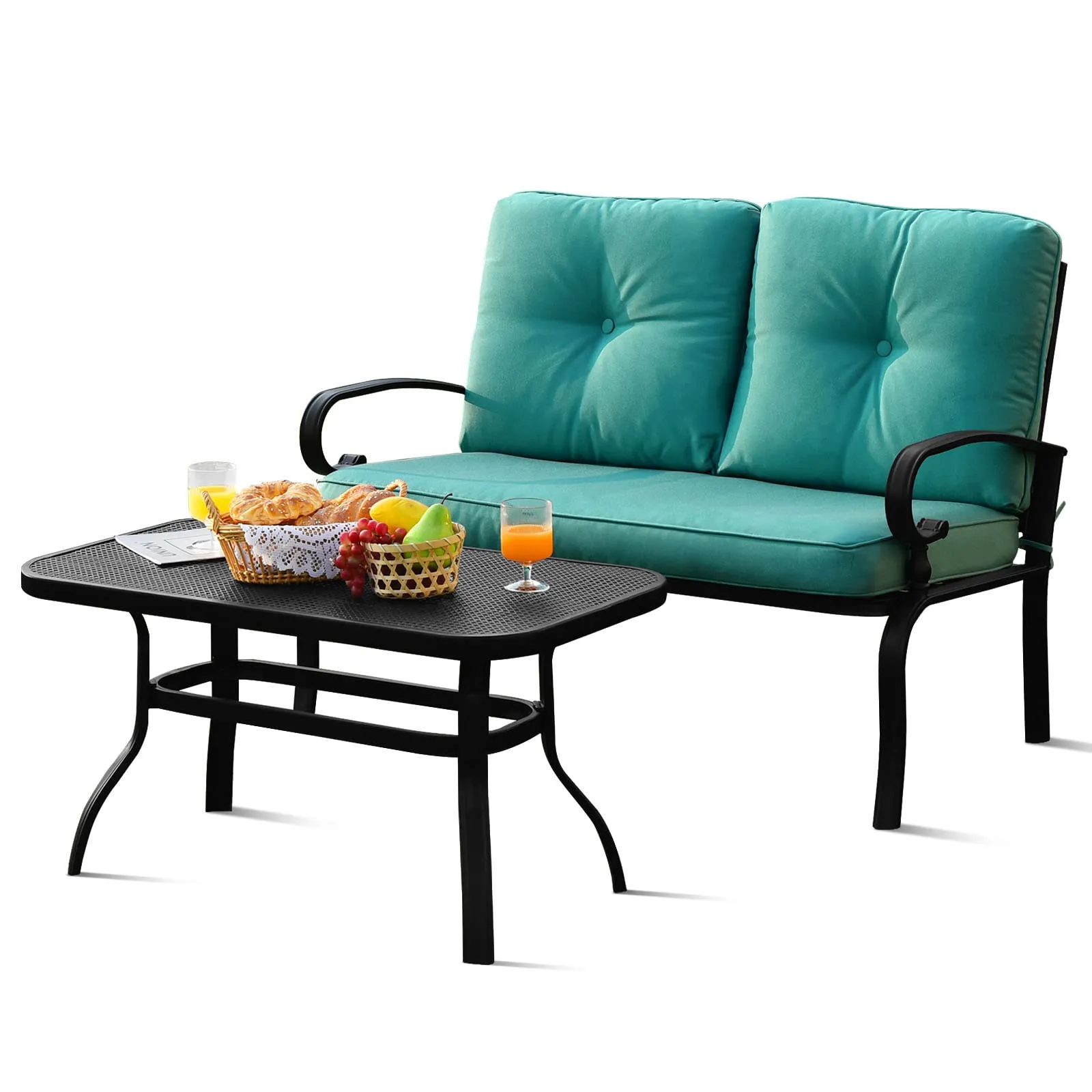 Tangkula Patio Loveseat with Table Set, 2 Seat Cushioned Sofa with Coffee Table