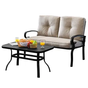 Tangkula Patio Loveseat with Table Set, 2 Seat Cushioned Sofa with Coffee Table