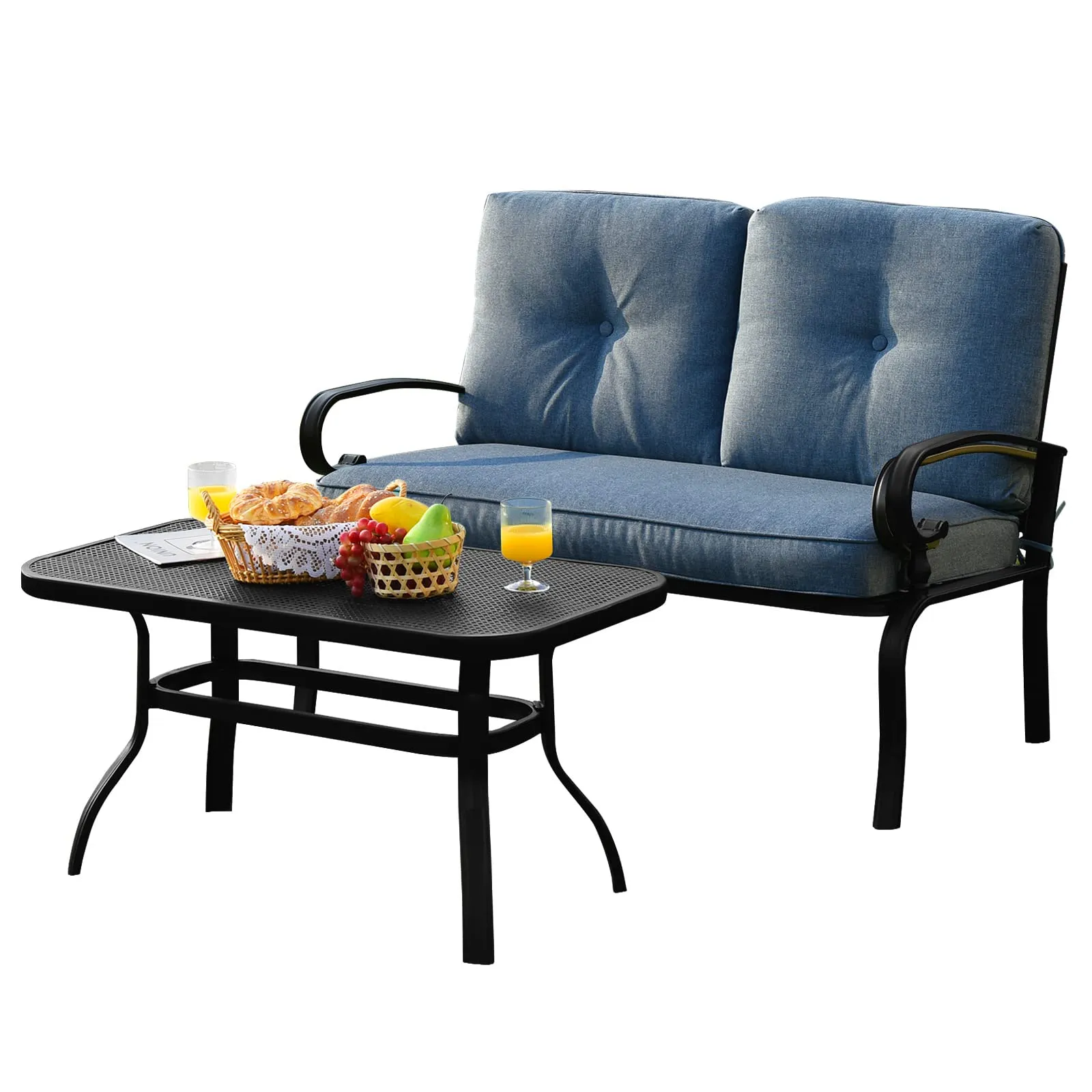 Tangkula Patio Loveseat with Table Set, 2 Seat Cushioned Sofa with Coffee Table