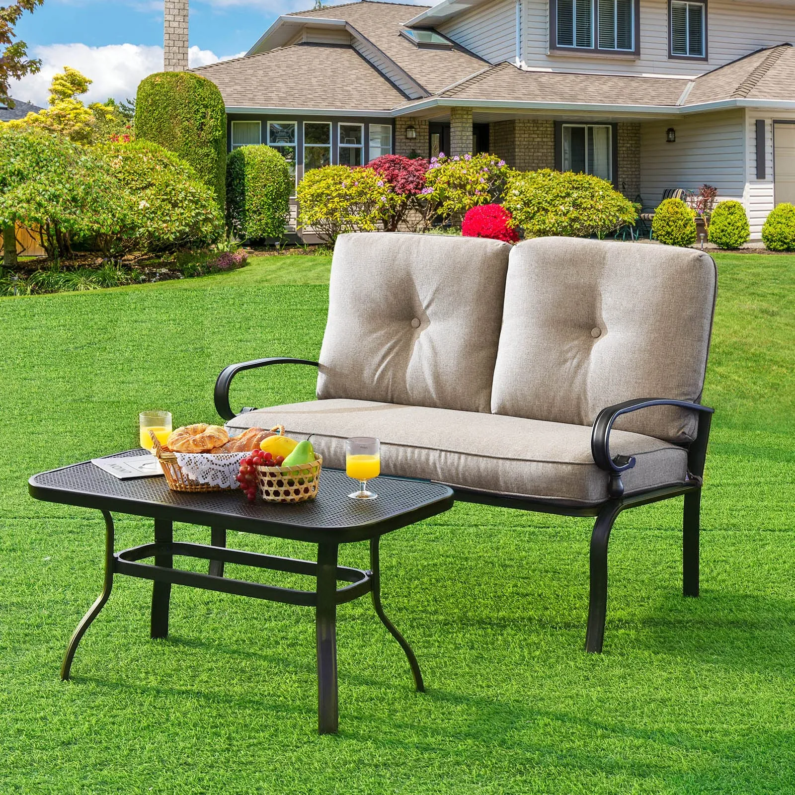 Tangkula Patio Loveseat with Table Set, 2 Seat Cushioned Sofa with Coffee Table