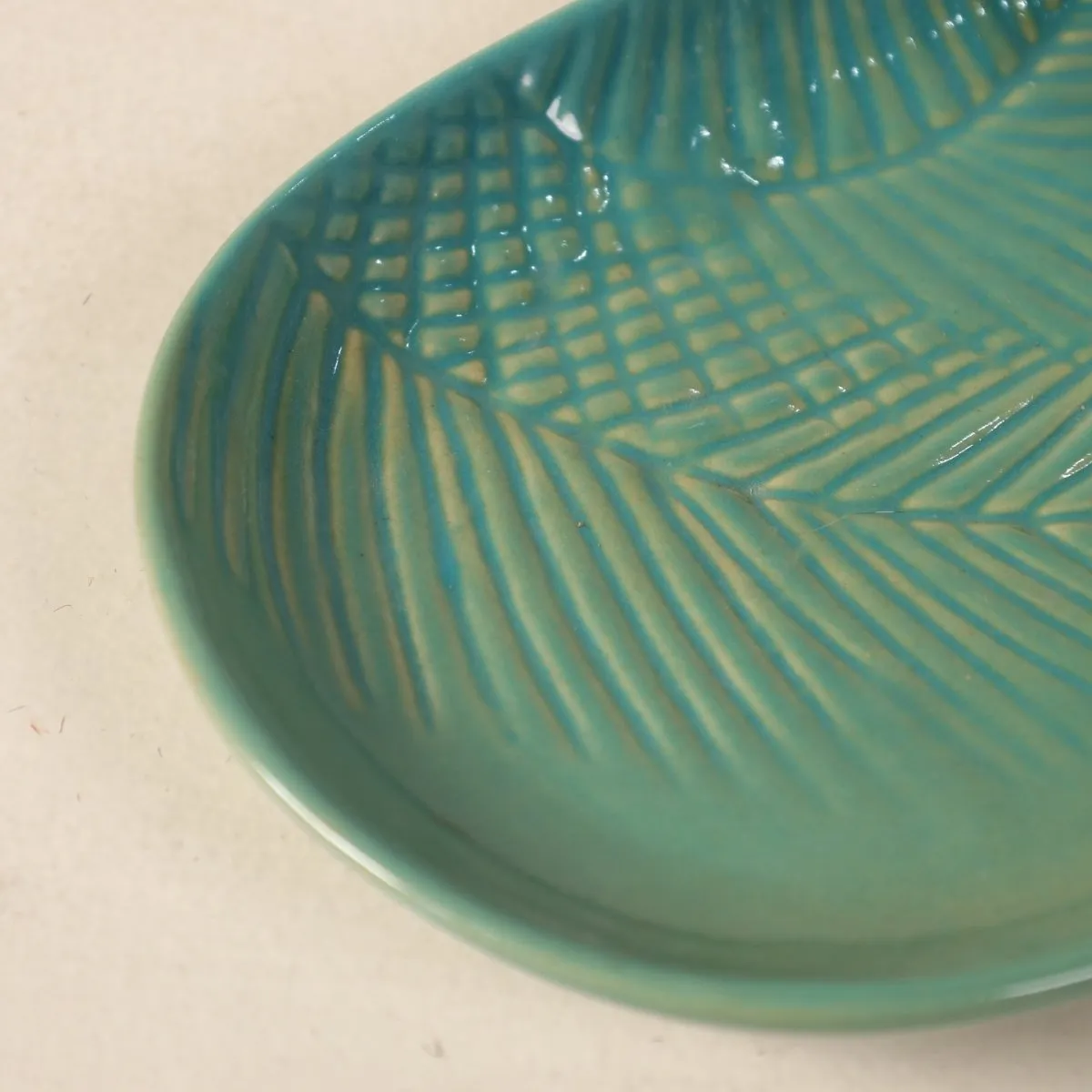 Teal Ceramic Serving Platter And Bowl Set | Set Of 2 | Palm Leaf Design | Handcrafted In India