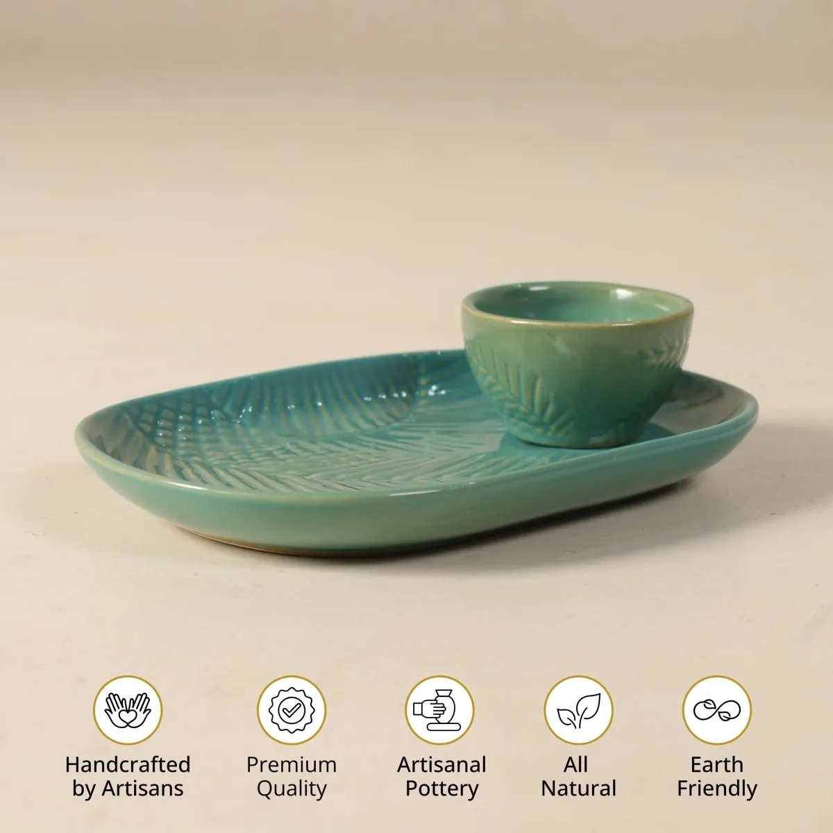 Teal Ceramic Serving Platter And Bowl Set | Set Of 2 | Palm Leaf Design | Handcrafted In India